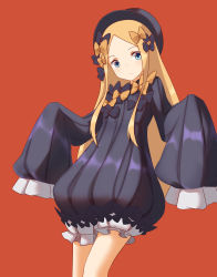 Rule 34 | 1girl, abigail williams (fate), absurdres, black bow, black dress, black hat, blonde hair, bloomers, blue eyes, bow, bug, butterfly, closed mouth, commentary request, dress, duan zhu, fate/grand order, fate (series), forehead, hair bow, hat, head tilt, highres, insect, long hair, long sleeves, looking at viewer, orange bow, parted bangs, polka dot, polka dot bow, red background, simple background, sleeves past fingers, sleeves past wrists, solo, underwear, very long hair, white bloomers