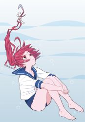 Rule 34 | 10s, 1girl, barefoot, blue one-piece swimsuit, feet, full body, i-168 (kancolle), kantai collection, long hair, ojipon, one-piece swimsuit, own hands together, ponytail, red eyes, red hair, school uniform, serafuku, solo, swimsuit, swimsuit under clothes