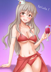 Rule 34 | 1girl, alcohol, anti (untea9), bikini, blue background, breasts, brown eyes, cleavage, commentary request, cowboy shot, cup, drinking glass, gradient background, grey hair, hat, highres, holding, kantai collection, large breasts, mini hat, pola (kancolle), red bikini, red sarong, sarong, solo, swimsuit, tilted headwear, wavy hair, wine, wine glass