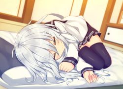 Rule 34 | 1girl, ahoge, bad id, bad pixiv id, black skirt, black thighhighs, blurry, blurry background, blush, closed eyes, closed mouth, commentary request, depth of field, dutch angle, futon, hair between eyes, hibiki (kancolle), indoors, kantai collection, long hair, long sleeves, lying, on bed, on side, pillow, pleated skirt, school uniform, serafuku, shinopoko, shirt, skirt, sleeping, smile, solo, thighhighs, very long hair, white hair, white shirt, zettai ryouiki