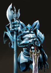 Rule 34 | armor, black background, blue theme, cocytus (overlord), commentary request, cropped legs, extra arms, fewer digits, halberd, hands on hilt, highres, holding, holding sword, holding weapon, looking at viewer, no humans, overlord (maruyama), own hands together, pauldrons, polearm, red eyes, shoulder armor, simple background, solo, sword, weapon, xiniu r&amp;f (lande hua hua)