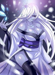 Rule 34 | 1girl, bare shoulders, black sclera, black thighhighs, blue skin, breasts, cleavage, collarbone, colored sclera, colored skin, hair ornament, ice, japanese clothes, kimono, large breasts, long hair, monster girl, nishida megane, obi, off shoulder, original, purple eyes, sash, snowing, solo, tears, thighhighs, white hair, yuki onna