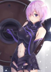 Rule 34 | 1girl, armor, armored dress, black dress, clothing cutout, dress, elbow gloves, eyes visible through hair, fate/grand order, fate (series), gloves, hair over one eye, hand on own chest, looking at viewer, mash kyrielight, navel, navel cutout, purple eyes, purple hair, razaria, shield, short hair, smile, solo