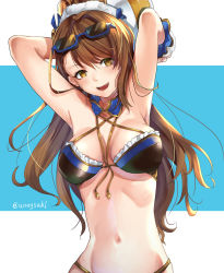 Rule 34 | 1girl, aona (anagasaki), armpits, arms behind head, arms up, asymmetrical bangs, bare shoulders, beatrix (granblue fantasy), blush, breasts, brown eyes, brown hair, cleavage, collarbone, eyewear on head, granblue fantasy, highres, large breasts, long hair, looking at viewer, navel, open mouth, ponytail, smile, solo, sunglasses