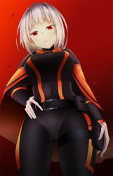 Rule 34 | 1girl, bad id, bad pixiv id, belt, belt pouch, black belt, black bodysuit, bodysuit, breasts, cameltoe, cape, covered navel, cowboy shot, gluteal fold, gradient background, hair intakes, hand on own hip, highres, legs apart, lobotomy corporation, long sleeves, looking at viewer, medium breasts, myo (project moon), nidaime (doronbo), open mouth, orange cape, pouch, project moon, red background, red eyes, short hair, solo, thigh strap, turtleneck, white hair