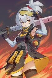 Rule 34 | 1girl, absurdres, annoyed, armpits, backpack, bag, black coat, black gloves, black thighhighs, breasts, coat, collared jacket, cowboy shot, crossed bangs, detached sleeves, fire, gloves, goggles, goggles on head, grey hair, hair tie, highres, holding, holding goggles, holding sword, holding weapon, jacket, laska (572124034), layered clothes, looking to the side, medium breasts, open mouth, orange eyes, pouch, short hair, sidelocks, sleeveless, sleeveless jacket, soldier 11 (zenless zone zero), solo, sword, thighhighs, triangle mouth, weapon, white sleeves, zenless zone zero, zipper