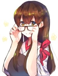Rule 34 | 10s, akagi (kancolle), bespectacled, breasts, brown eyes, brown hair, glasses, highres, japanese clothes, kantai collection, long hair, mochiko (mocchikkoo), muneate, simple background, tasuki, upper body, white background