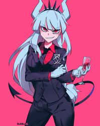 Rule 34 | 1girl, artist name, black jacket, black necktie, black pants, black suit, blunt bangs, breast hold, breasts, collared shirt, commentary, cowboy shot, cup, demon horns, demon tail, dress shirt, drink, drinking glass, english commentary, formal, gloves, grin, hairband, helltaker, highres, holding, holding drink, horns, jacket, long hair, looking at viewer, lucifer (helltaker), medium breasts, mole, mole under eye, necktie, pants, par0llel, pink background, red eyes, red shirt, shirt, simple background, smile, solo, spiked hairband, spikes, suit, tail, tsurime, white gloves, wine glass, wing collar