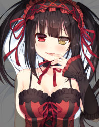 Rule 34 | 10s, 1girl, armpits, bad id, bad pixiv id, bare shoulders, black hair, blush, breast mousepad, breasts, choker, cleavage, clock eyes, corset, date a live, finger to mouth, gothic lolita, heterochromia, lolita fashion, long hair, medium breasts, mousepad, mousepad (medium), no bra, red eyes, smile, solo, sumikko no aria, symbol-shaped pupils, tokisaki kurumi, twintails, upper body, wide sleeves, yellow eyes