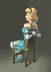 Rule 34 | 1girl, aqua dress, aqua footwear, arms behind back, bare shoulders, bdsm, blindfold, blonde hair, bondage, bound, bound ankles, bound arms, bound legs, bound thighs, bound torso, bound wrists, breasts, chair, clenched hands, d mizton, dress, elbow gloves, female focus, flower, frilled dress, frilled gloves, frills, from side, full body, gag, gagged, gloves, hair flower, hair ornament, hairband, high heels, highres, improvised gag, legs together, medium breasts, natalia luzu kimlasca lanvaldear, on chair, profile, restrained, rope, shoes, short hair, sitting, solo, stationary restraints, strapless, strapless dress, tales of (series), tales of the abyss, white gloves, white legwear