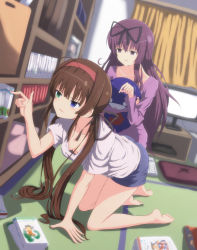 Rule 34 | &gt;:(, 10s, 2girls, absurdres, ahoge, bad id, bad pixiv id, barefoot, black ribbon, blue eyes, blunt bangs, blush, bookshelf, breasts, brown hair, collarbone, computer, hugging doll, downblouse, feet, frown, full body, furiruno, green eyes, hair ribbon, hairband, heterochromia, highres, in dex0224, indoors, long hair, low twintails, multiple girls, murasaki (senran kagura), no bra, hugging object, pajamas, parted lips, purple eyes, purple hair, ribbon, ryoubi (senran kagura), senran kagura, senran kagura shinovi versus, shirt, shorts, small breasts, soles, t-shirt, toes, twintails, v-shaped eyebrows, white shirt