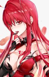Rule 34 | 1girl, absurdres, black dress, black gloves, blood, blood on face, bloody queen (elsword), breasts, chest tattoo, cleavage, commentary, dress, elesis (elsword), elsword, fingerless gloves, gloves, highres, long hair, looking at viewer, medium breasts, red dress, red eyes, red hair, slit pupils, solo, straight hair, tanjel, tattoo, two-tone dress, very long hair, white background