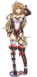 Rule 34 | 1girl, arm up, armpits, bare shoulders, blonde hair, boots, collarbone, detached sleeves, full body, highres, long hair, milla (fractured), red eyes, rinkashline, solo, tales of (series), tales of xillia, tales of xillia 2, white background