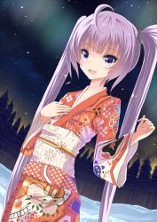 Rule 34 | 1girl, :d, ahoge, aurora, bad id, bad pixiv id, dutch angle, flat chest, forest, ginhaha, hand on own chest, japanese clothes, kimono, long hair, nature, night, night sky, open mouth, original, purple eyes, purple hair, sky, smile, snow, solo, star (sky), starry sky, tree, twintails