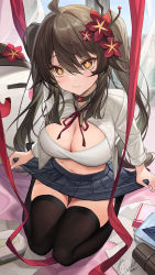Rule 34 | 1girl, ahoge, alternate costume, black choker, black skirt, black thighhighs, blush, boo tao (genshin impact), book, bra, breasts, breasts out, brown hair, catsmoon, choker, cleavage, closed mouth, clothes lift, curtains, flower, from above, full body, genshin impact, hair between eyes, hair flower, hair ornament, highres, hu tao (genshin impact), long hair, looking at viewer, medium breasts, midriff, navel, open clothes, open shirt, paper, pleated skirt, red flower, red ribbon, ribbon, seiza, sidelocks, sitting, skirt, skirt lift, solo, stomach, thigh gap, thighhighs, thighs, twintails, underwear, very long hair, wavy mouth, white bra, window, zettai ryouiki