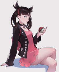 Rule 34 | 1girl, aqua eyes, asymmetrical bangs, asymmetrical hair, black hair, black jacket, black nails, breasts, cheshirrr, choker, commentary request, creatures (company), dress, from side, game freak, hair ribbon, highres, holding, holding poke ball, jacket, long hair, long sleeves, looking at viewer, marnie (pokemon), nail polish, nintendo, open clothes, pink dress, poke ball, pokemon, pokemon swsh, red ribbon, ribbon, sitting, sleeves past wrists, small breasts, solo, twintails