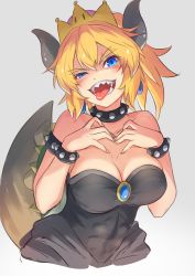 Rule 34 | 1girl, bare shoulders, black dress, blonde hair, blue eyes, blush, bowsette, bracelet, breasts, cleavage, collar, collarbone, dress, earrings, hands on own chest, highres, horns, jewelry, large breasts, looking at viewer, mario (series), new super mario bros. u deluxe, nintendo, open mouth, shishikai, short hair, short ponytail, smile, solo, spiked bracelet, spiked collar, spikes, super crown, teeth, tongue, tongue out, upper body