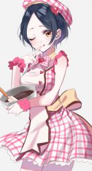 Rule 34 | 1girl, apron, bad id, bad pixiv id, beret, blue hair, bow, bowl, bowtie, dress, finger to mouth, hair ornament, hat, hayami kanade, heart, heart hair ornament, idolmaster, idolmaster cinderella girls, licking lips, looking at viewer, misumi (macaroni), one eye closed, parted bangs, pink dress, plaid, plaid dress, sash, short hair, simple background, solo, spatula, tongue, tongue out, turtleneck, wrist cuffs, yellow eyes
