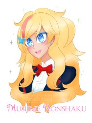 Rule 34 | 1girl, alternate costume, blonde hair, blouse, blue eyes, bow, bowtie, character name, collared shirt, cropped torso, dark-skinned female, dark skin, earrings, eyes visible through hair, jewelry, long hair, makeup, musume ronshaku, open mouth, red bow, red bowtie, shirt, smile, solo, sparkle, transparent background, white shirt, yandere simulator