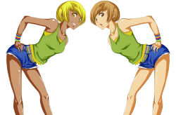 Rule 34 | 2girls, :o, alternate color, atlus, blonde hair, brown eyes, brown hair, cutoff jeans, cutoffs, dual persona, ganguro, grin, hand on own hip, highres, hip focus, jewelry, legs, looking at viewer, mirror image, multiple girls, necklace, persona, persona 4, satonaka chie, short hair, short shorts, shorts, smile, suta furachina, symmetry, tank top, white background, wristband, yellow eyes