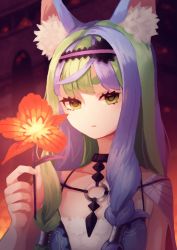 Rule 34 | 1girl, 7th dragon (series), 7th dragon iii, animal ear fluff, animal ears, black choker, cat ears, choker, closed mouth, fingernails, floro (7th dragon), flower, fortuner (7th dragon), green eyes, green hair, hairband, hand up, highres, holding, holding flower, looking at viewer, multicolored hair, no nose, o-ring, o-ring top, okame nin, orange flower, purple hair, solo, two-tone hair, upper body