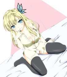 Rule 34 | 10s, 1girl, bad id, bad pixiv id, black thighhighs, blonde hair, blue eyes, boku wa tomodachi ga sukunai, breasts, butterfly hair ornament, cleavage, finger to mouth, hair ornament, kashiwazaki sena, kneeling, large breasts, long hair, off shoulder, on bed, open clothes, open shirt, panties, school uniform, shirt, smile, solo, thighhighs, tom (tom0315), underwear