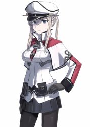 Rule 34 | 10s, 1girl, absurdres, black gloves, black pantyhose, black skirt, blonde hair, blue eyes, capelet, celtic knot, commentary, cowboy shot, gloves, graf zeppelin (kancolle), hair between eyes, hand on own hip, highres, kantai collection, long hair, long sleeves, miniskirt, pale skin, pantyhose, pleated skirt, popped collar, sidelocks, simple background, skirt, solo, twintails, wasabi60, white background
