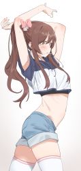 Rule 34 | 1girl, absurdres, arms up, blue shirt, blush, bow, brown eyes, brown hair, crop top, denim, denim shorts, dorontabi, from side, gradient background, hair bow, heavy breathing, highres, idolmaster, idolmaster shiny colors, long hair, midriff, navel, osaki tenka, pink bow, ponytail, shirt, short shorts, shorts, solo, stretching, sweat, thighhighs, two-tone shirt, white background, white shirt, white thighhighs