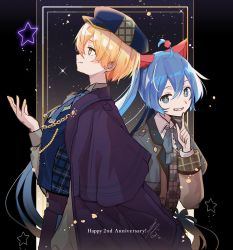Rule 34 | 1boy, 1girl, ahoge, aiguillette, animal ears, blonde hair, blue bow, blue bowtie, blue cape, blue capelet, blue eyes, blue hair, blue headwear, blue pants, blue shirt, bow, bowtie, brown jacket, buttons, cabbie hat, cape, capelet, cat ears, commentary request, diamond button, finger to cheek, grey vest, grin, hair ornament, hat, hatsune miku, highres, jacket, long hair, long sleeves, looking at viewer, looking to the side, looking up, mabayui hikari no stage de (project sekai), pants, plaid, plaid vest, pom pom (clothes), pom pom hair ornament, project sekai, shirt, smile, sparkling eyes, star (sky), teeth, tenma tsukasa, very long hair, vest, vocaloid, wanaxtuco, white shirt, wonderlands x showtime (project sekai), wonderlands x showtime miku, yellow eyes