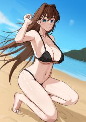 1girl absurdres alternate_costume aozaki_aoko arm_up armpits barefoot beach bikini black_bikini blue_eyes blue_sky blurry blurry_background blush breasts brown_hair cleavage collarbone crossed_bangs day dutch_angle eyelashes feet hair_between_eyes hair_intakes highres kneeling kuon_bb large_breasts legs long_hair looking_at_viewer mahou_tsukai_no_yoru micro_bikini navel outdoors sky smile solo stomach swimsuit thighs toenails toes type-moon underboob very_long_hair