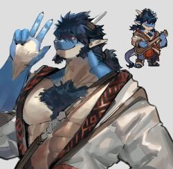 Rule 34 | 1boy, abs, absurdres, another eidos-r, bara, blue scales, body fur, chest hair, chest tuft, chibi, chibi inset, dragon boy, facial hair, folker (another eidos), furry, furry male, goatee, guitar, hair over one eye, highres, holding, holding instrument, instrument, large hands, large pectorals, long sideburns, looking at viewer, male focus, mature male, multiple views, muscular, muscular male, neumo, open clothes, pectoral cleavage, pectorals, short hair, sideburns, strongman waist, thick eyebrows, three-finger salute, upper body