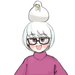 Rule 34 | :d, animal, animal on head, bird, bird on head, blush, borrowed character, brown eyes, diva (hyxpk), drooling, duck, eisu-chan (eisu), glasses, highres, on head, open mouth, original, saliva, short hair, simple background, smile, sweater, swept bangs, white background, white hair