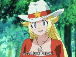 Rule 34 | 1girl, animated, anime screencap, arcade gamer fubuki, blonde hair, blowing kiss, blue eyes, breasts, cowboy hat, fingerless gloves, gloves, hat, heart, keroro gunsou, large breasts, long hair, looking at viewer, melody honey, midriff, one eye closed, puckered lips, smile, solo, tagme, video