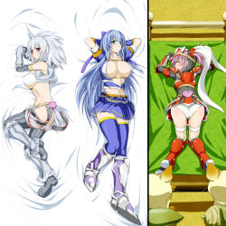 Rule 34 | 3girls, animal, armor, armored boots, arms behind head, arms up, ass, azure (armor), bandeau, bed sheet, belt, blue skirt, boots, breasts, buckle, capcom, cat, cleavage, collarbone, crotch seam, closed eyes, felyne, from above, full body, fur trim, hermitaur (armor), highres, huge breasts, kirin (armor), knee boots, large breasts, looking at viewer, lying, monster hunter (series), multiple girls, mun, on back, on side, panties, pleated skirt, pointy ears, profile, sideboob, skirt, smile, thighhighs, underboob, underwear, vest, whiskers, white panties