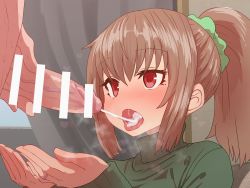 Rule 34 | 1boy, 1girl, bar censor, blush, breath, brown hair, censored, cum, cum in mouth, cupping hands, curtains, ejaculation, heart, hetero, indoors, jewelry, long sleeves, manaka (sumiyao), nose blush, original, own hands together, penis, ponytail, red eyes, ring, solo focus, sumiyao (amam), sweat, upper body, wedding band