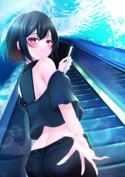Rule 34 | 1girl, absurdres, aquarium, ass, bad id, bad pixiv id, bare shoulders, black hair, black pants, black shirt, blurry, blush, butt crack, closed mouth, crossed bangs, depth of field, escalator, from behind, highres, holding, holding phone, kazanock, looking at viewer, looking back, off shoulder, original, outstretched hand, pants, phone, red eyes, shirt, short hair, short sleeves, solo