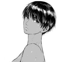 Rule 34 | 1girl, berserk, casca (berserk), closed mouth, completely nude, dark-skinned female, dark skin, from side, greyscale, looking at viewer, looking to the side, monochrome, nude, short hair, shu-mai, simple background, solo, white background