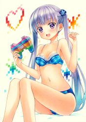 Rule 34 | 10s, 1girl, bikini, blush, breasts, controller, game controller, heart, long hair, marker (medium), navel, new game!, open mouth, purple eyes, purple hair, small breasts, smile, solo, suzukaze aoba, swimsuit, traditional media, twintails, yuto cafe