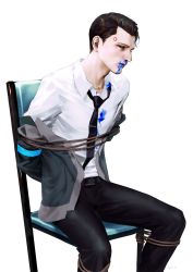 Rule 34 | 1boy, android, arms behind back, belt, black neckwear, black pants, blood, blood from mouth, blood on clothes, blood splatter, blue blood, bound, bound legs, bound torso, brown eyes, brown hair, colored blood, connor (detroit), detroit: become human, expressionless, grey jacket, highres, jacket, looking at viewer, male focus, open clothes, open jacket, pants, par., rope, shirt, sitting, solo, tied to chair, white background, white shirt