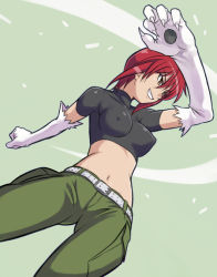 Rule 34 | 00s, 1girl, animal hands, babydoll t-shirt, belt, breasts, cargo pants, claws, clenched teeth, covered erect nipples, crop top, elbow gloves, gloves, kaibutsu oujo, maruto!, medium breasts, midriff, navel, pants, red hair, riza wildman, short hair, solo, teeth, yellow eyes