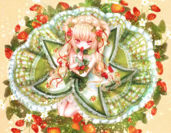Rule 34 | 1girl, blonde hair, bow, braid, commentary request, covering own mouth, crossed arms, crown braid, dress, flower, food, food-themed hair ornament, frills, fruit, green bow, hair bow, hair ornament, hair ribbon, himemurasaki, lace, lolita fashion, looking at viewer, original, red bow, red eyes, red ribbon, ribbon, seiza, sitting, solo, strapless, strapless dress, strawberry, strawberry hair ornament, two side up, wrist bow