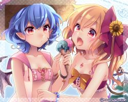 Rule 34 | &gt;:/, 2girls, :/, :o, alternate costume, alternate headwear, artist name, bare shoulders, bat wings, bikini, bikini top only, blonde hair, blue hair, bow, bracelet, breasts, cross, crystal, family, fang, flandre scarlet, flower, food, frown, hair bow, hair ornament, hat, ice cream, jewelry, masaru.jp, md5 mismatch, multiple girls, necklace, no headwear, no headwear, open mouth, pointy ears, ponytail, red eyes, remilia scarlet, resized, short hair, siblings, side ponytail, sisters, small breasts, sunflower, swimsuit, tongue, tongue out, touhou, upper body, v-shaped eyebrows, wide-eyed, wings