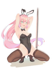 Rule 34 | 1girl, animal ears, aqua eyes, armpits, arms behind head, bigrbear, black bow, black bowtie, black footwear, black leotard, bow, bowtie, breasts, brown thighhighs, commentary request, detached collar, fake animal ears, full body, hair between eyes, highres, leotard, long hair, medium breasts, open mouth, original, pink hair, playboy bunny, pole, rabbit ears, shoes, simple background, smile, solo, squatting, stripper pole, thighhighs, very long hair, white background