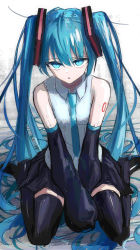 Rule 34 | 1girl, absurdres, bare shoulders, black thighhighs, blue eyes, blue hair, blue necktie, boots, detached sleeves, full body, hair ornament, hatsune miku, highres, long hair, looking at viewer, necktie, nowoka, shirt, sitting, skirt, sleeveless, solo, thigh boots, thighhighs, twintails, very long hair, vocaloid, wariza
