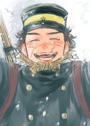 Rule 34 | 1boy, :d, ^ ^, blush, brown hair, closed eyes, closed eyes, facial scar, golden kamuy, hat, highres, hituji yerm, kepi, male focus, military hat, nipples, official alternate costume, open mouth, scar, scar on cheek, scar on face, scar on mouth, scar on nose, short hair, sideburns, smile, snow, solo, sugimoto saichi, unfinished, winter clothes