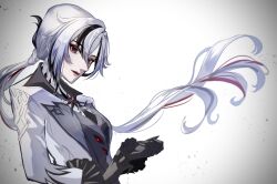 Rule 34 | 1girl, absurdres, arlecchino (genshin impact), black hair, breasts, coat, commentary request, genshin impact, grey background, grey shirt, highres, il0ha genshin, long hair, long sleeves, looking at viewer, low ponytail, multicolored hair, red lips, shirt, small breasts, solo, streaked hair, upper body, very long hair, white coat, white hair