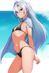Rule 34 | 1girl, a (xenoblade), armor, bikini, black bikini, blue eyes, breasts, closed mouth, commentary request, cowboy shot, earrings, glint, grey hair, hair between eyes, hair intakes, highres, jewelry, kamidan, long hair, looking at viewer, messy hair, navel, partial commentary, shoulder armor, single earring, small breasts, solo, standing, swimsuit, xenoblade chronicles (series), xenoblade chronicles 3, xenoblade chronicles 3: future redeemed