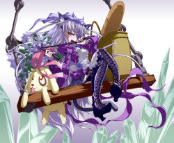 Rule 34 | 00s, 1girl, absurdres, animal ears, barasuishou, boots, bread, cat ears, cat tail, cross-laced footwear, crystal, dress, eyepatch, flower, food, glasses, highres, kunkun, leaf, purple hair, rozen maiden, sasa ichi, solo, stuffed animal, stuffed toy, swing, tail, thigh boots, thighhighs, whip