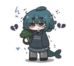 Rule 34 | 1girl, black footwear, black hoodie, blue hair, broccoli, broken heart, chibi, closed mouth, commentary, english commentary, fins, fish tail, flying sweatdrops, food, fuka-chan, full body, grey eyes, grey pantyhose, grey skirt, hair between eyes, heart, highres, holding, holding food, hood, hood down, hoodie, long sleeves, original, pantyhose, puffy long sleeves, puffy sleeves, shadow, shark tail, shoes, short eyebrows, simple background, skirt, sleeves past wrists, solo, tail, tears, thick eyebrows, trembling, uni souchou, white background