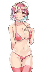 Rule 34 | 1girl, ahoge, arm behind back, bare arms, bare shoulders, bikini, blue hair, breasts, cleavage, closed mouth, collarbone, commentary request, cowboy shot, female pubic hair, frown, gluteal fold, groin, hand on own chest, hei (tonarinohey), idolmaster, idolmaster cinderella girls, large breasts, looking at viewer, mole, mole on breast, mole on thigh, mole under eye, multicolored hair, navel, pink bikini, pink hair, pink thighhighs, pubic hair, pubic hair peek, red eyes, short hair, simple background, skindentation, solo, stomach, swimsuit, thigh gap, thighhighs, two-tone hair, wavy mouth, white background, yumemi riamu